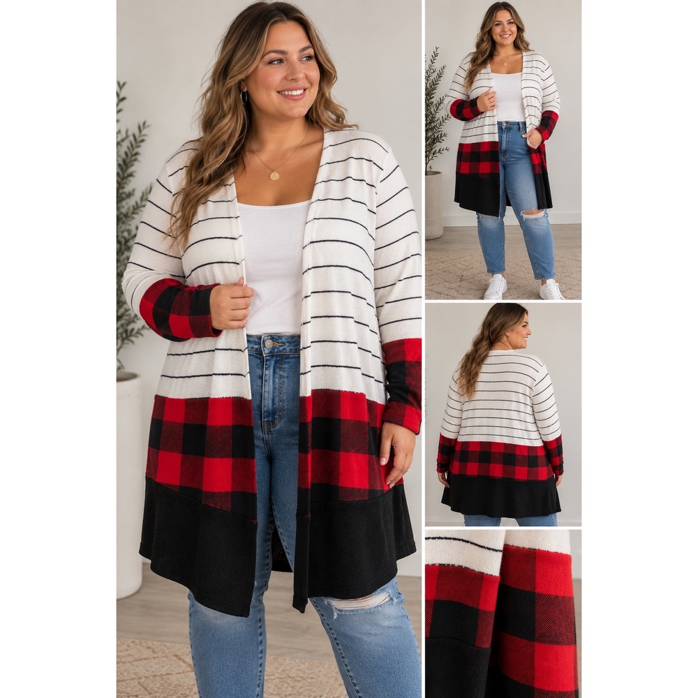 Womens Colorblock Open Front Cardigan XL Buffalo Plaid Striped Long Sleeve